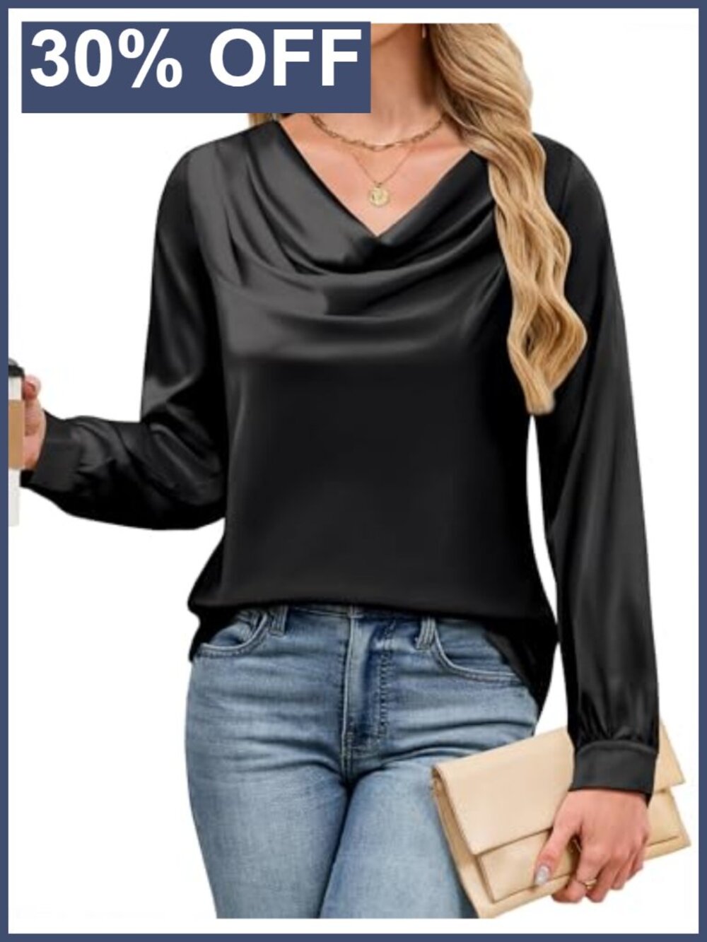 Satin Cowl Neck Long Sleeve Blouse - Dressy Casual Business Top